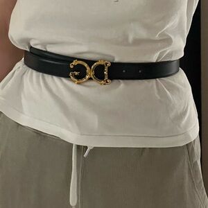 Black Leather Belt with Gold Double-Horsebit Buckle